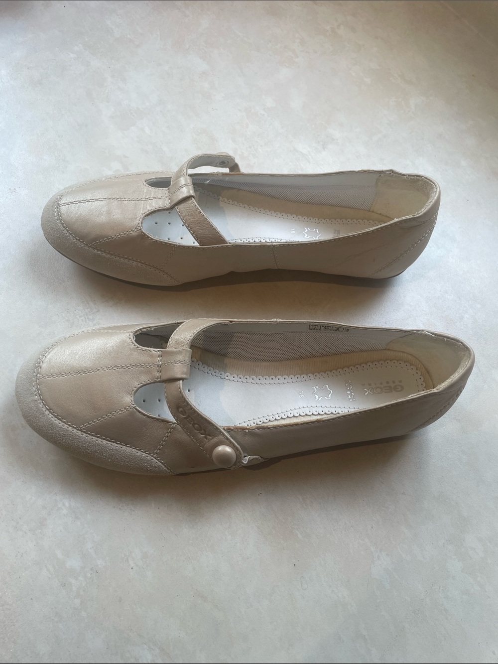 Geox Women's Light Beige Mary Jane Flats with Button Strap